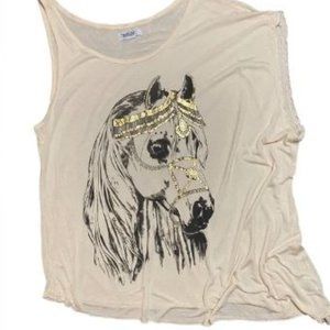 NWOT Lauren Moshi Asymmetrical Top Womens Small White Gold Carousel Horse Shirt